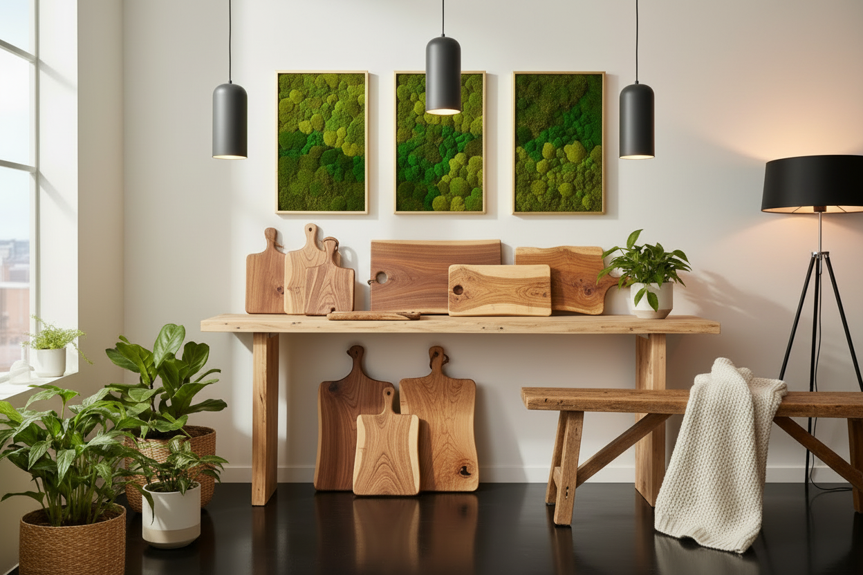 bitte ergänze noch schicke Hängelampen und eine schicke stehlampe im eck dazu